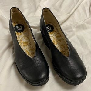 New Fly London size 41 or 9.5 black leather wedges - free shipping